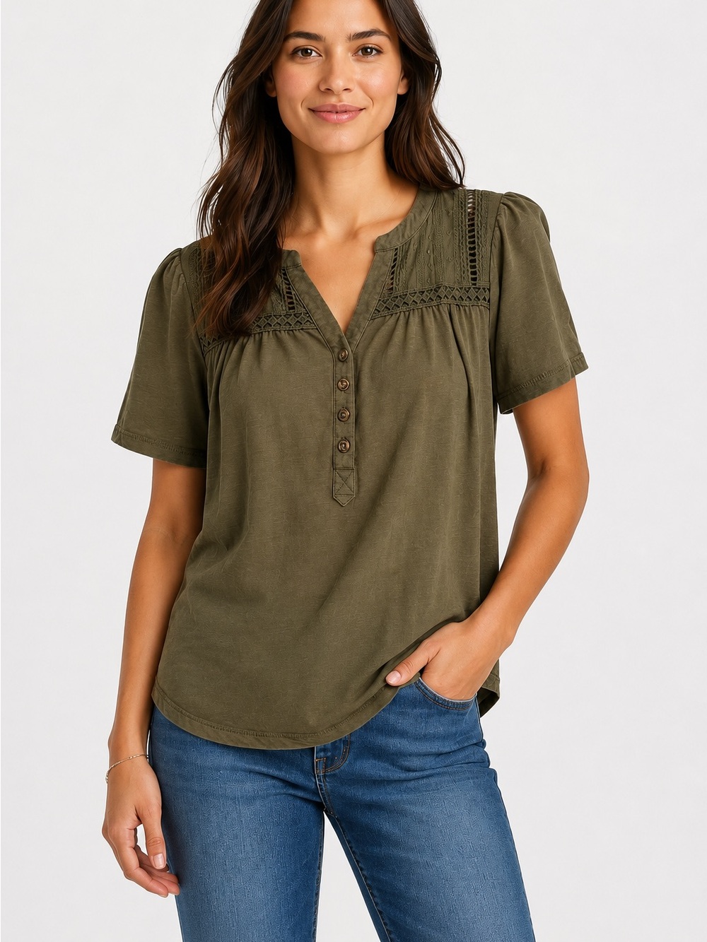 A New Day Olive Green Lace Yoke Henley Top | Size Medium